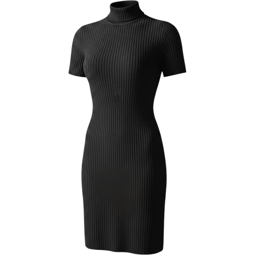 Milio-Milano Black Ribbed Turtleneck Knit Dress Made in Italy 6871 Nero S/M